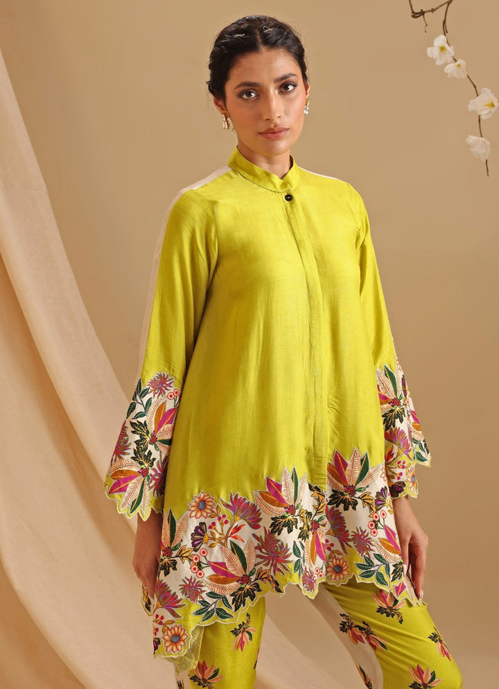 Yellow Floral Embroidery Silk Kurta And Pant Set Soup By Sougat Paul - Fabilicious Fashion