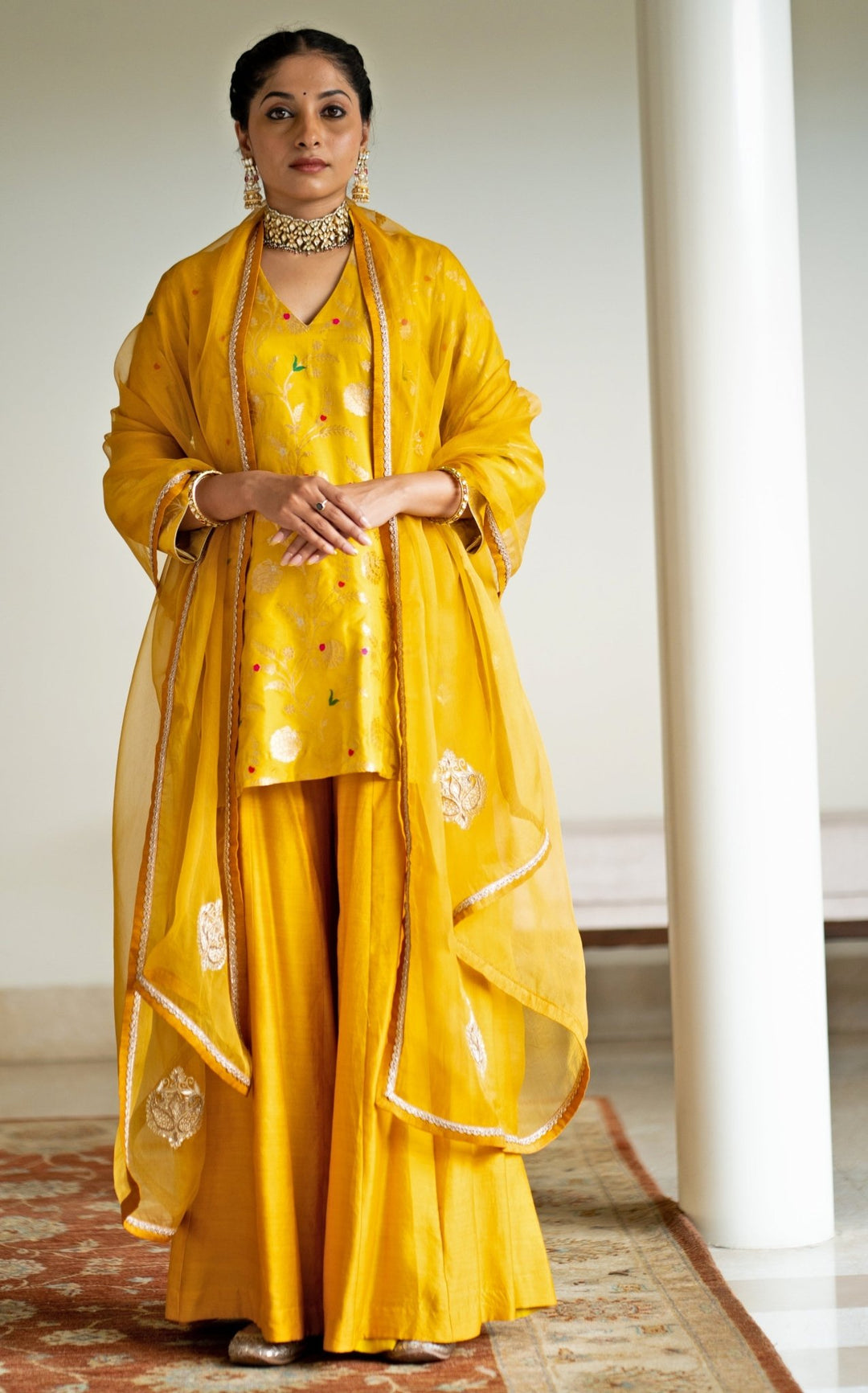 Yellow Floral Jaal Brocade Short Kurta Palazzo Set Sobariko - Fabilicious Fashion