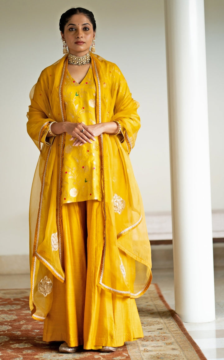 Yellow Floral Jaal Brocade Short Kurta Palazzo Set Sobariko - Fabilicious Fashion
