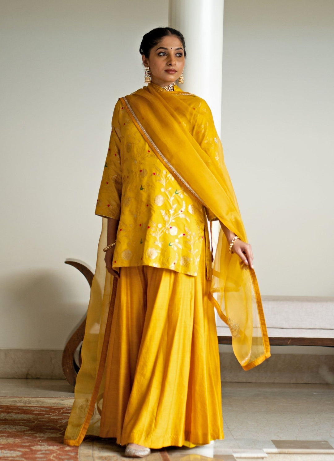 Yellow Floral Jaal Brocade Short Kurta Palazzo Set Sobariko - Fabilicious Fashion