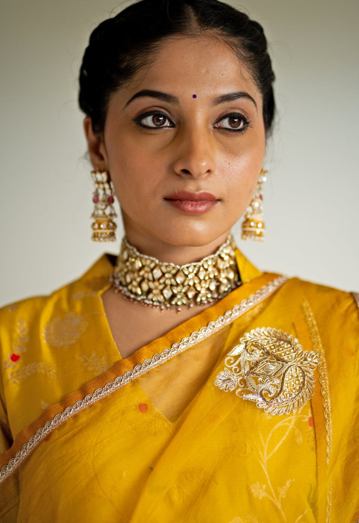 Yellow Floral Jaal Brocade Short Kurta Palazzo Set Sobariko - Fabilicious Fashion