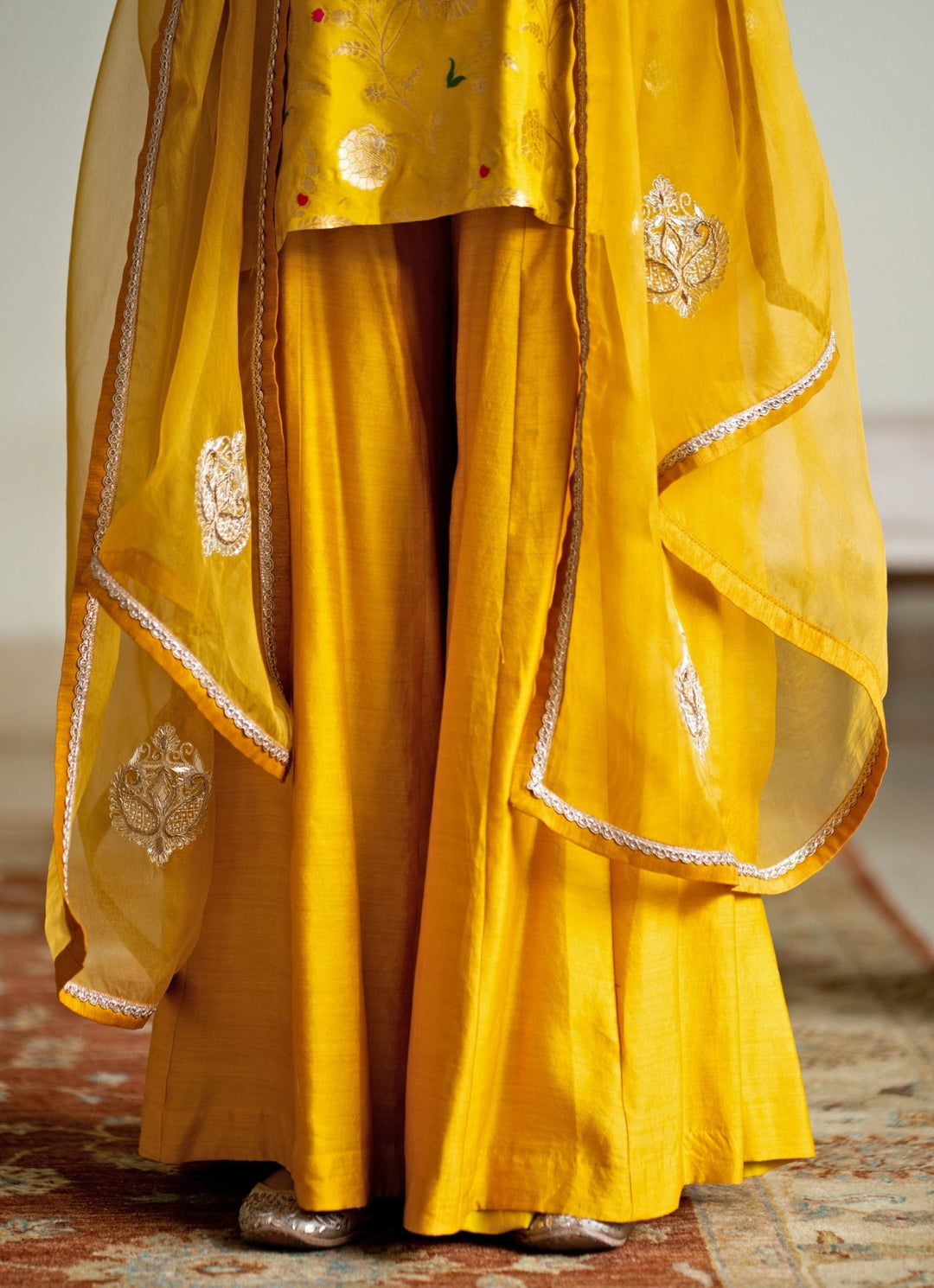 Yellow Floral Jaal Brocade Short Kurta Palazzo Set Sobariko - Fabilicious Fashion