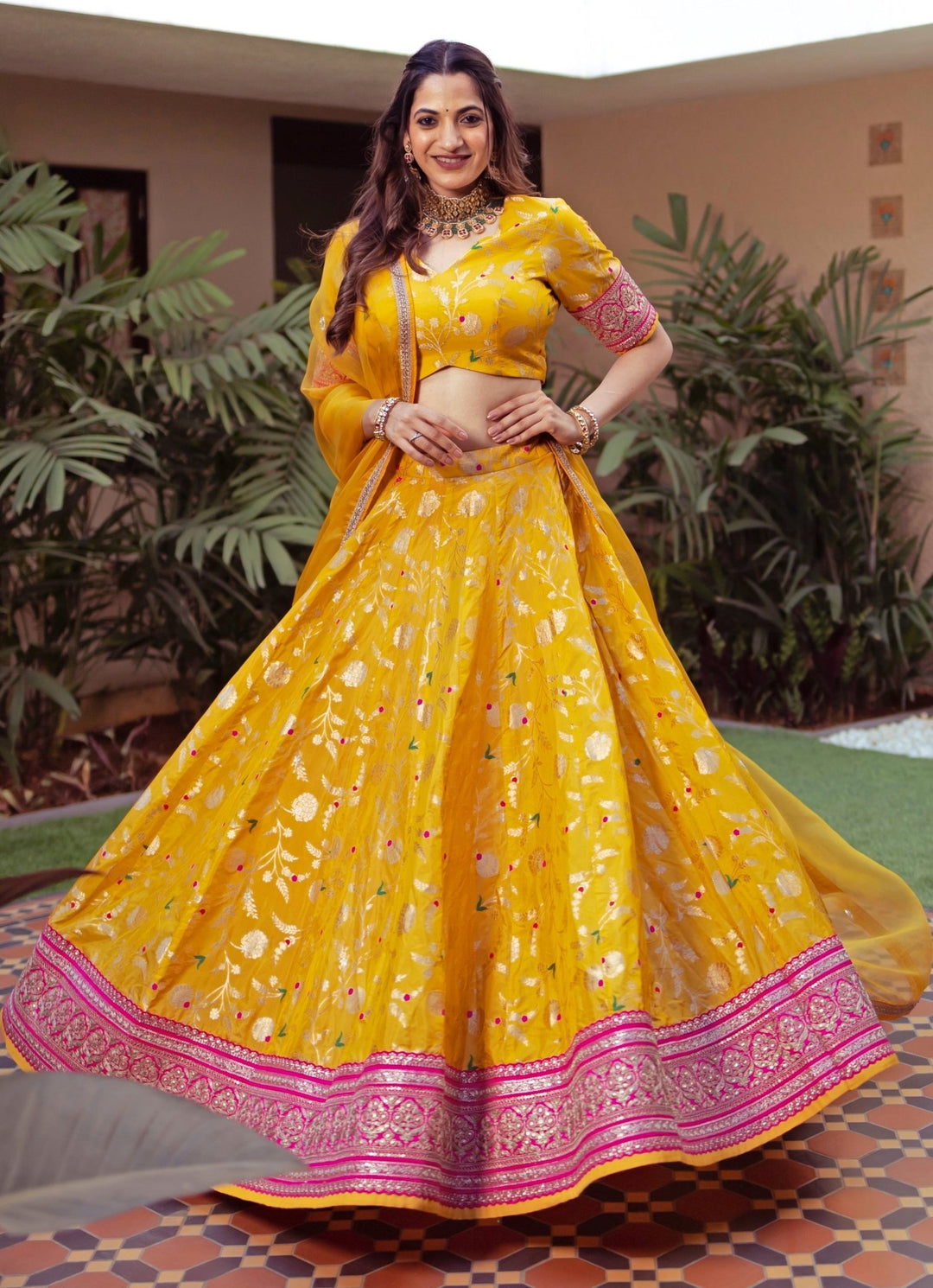 Yellow Floral Jaal Brocade Silk Lehenga Set Sobariko - Fabilicious Fashion