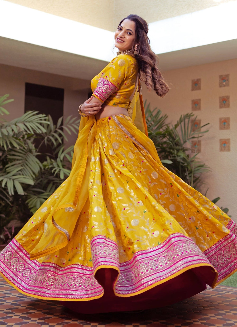 Yellow Floral Jaal Brocade Silk Lehenga Set Sobariko - Fabilicious Fashion