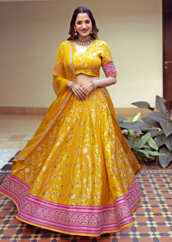 Yellow Floral Jaal Brocade Silk Lehenga Set Sobariko - Fabilicious Fashion