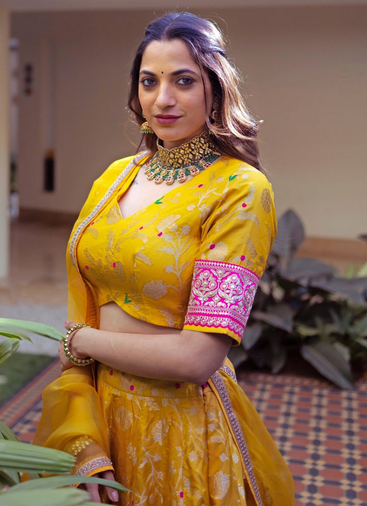 Yellow Floral Jaal Brocade Silk Lehenga Set Sobariko - Fabilicious Fashion