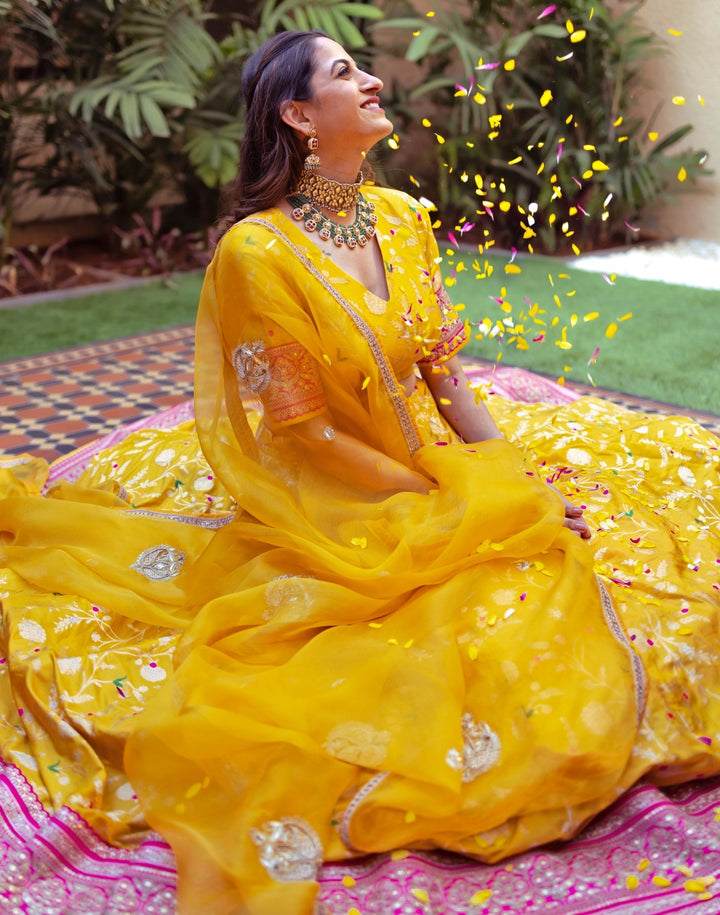 Yellow Floral Jaal Brocade Silk Lehenga Set Sobariko - Fabilicious Fashion