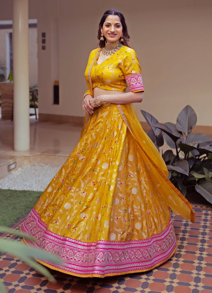 Yellow Floral Jaal Brocade Silk Lehenga Set Sobariko - Fabilicious Fashion