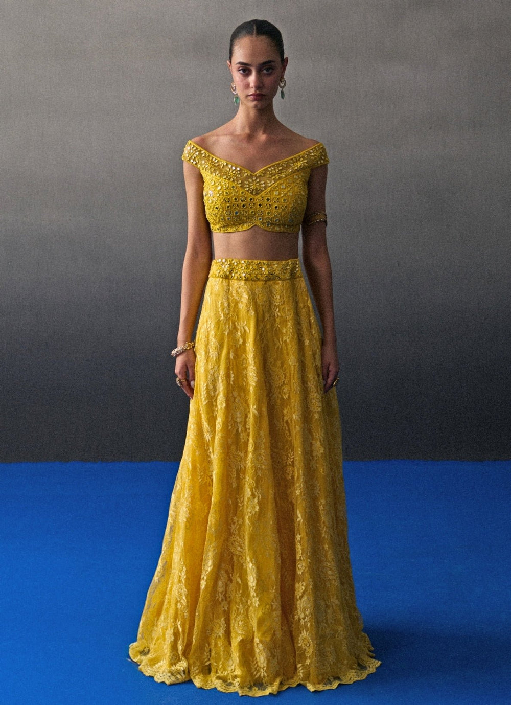 Yellow Floral Lace Lehenga Set Angad Singh - Fabilicious Fashion