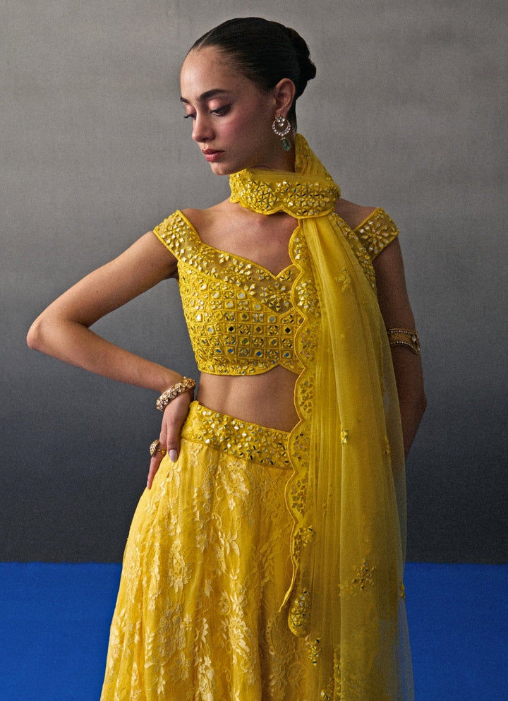 Yellow Floral Lace Lehenga Set Angad Singh - Fabilicious Fashion