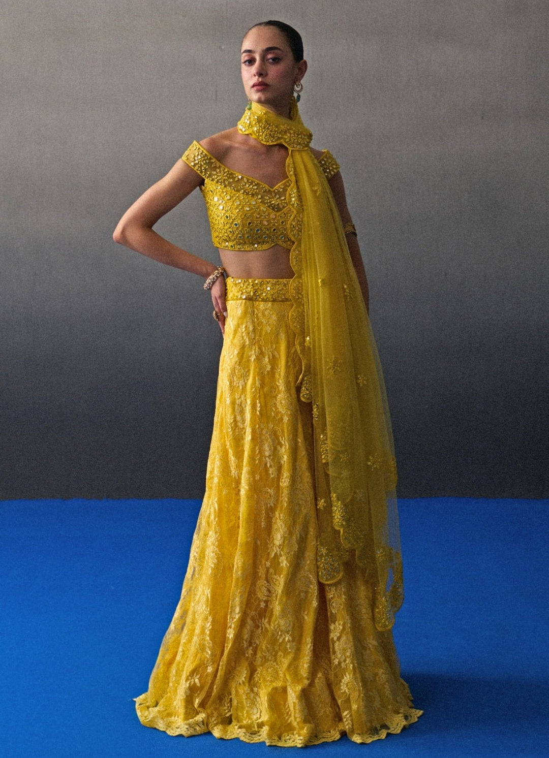 Yellow Floral Lace Lehenga Set Angad Singh - Fabilicious Fashion