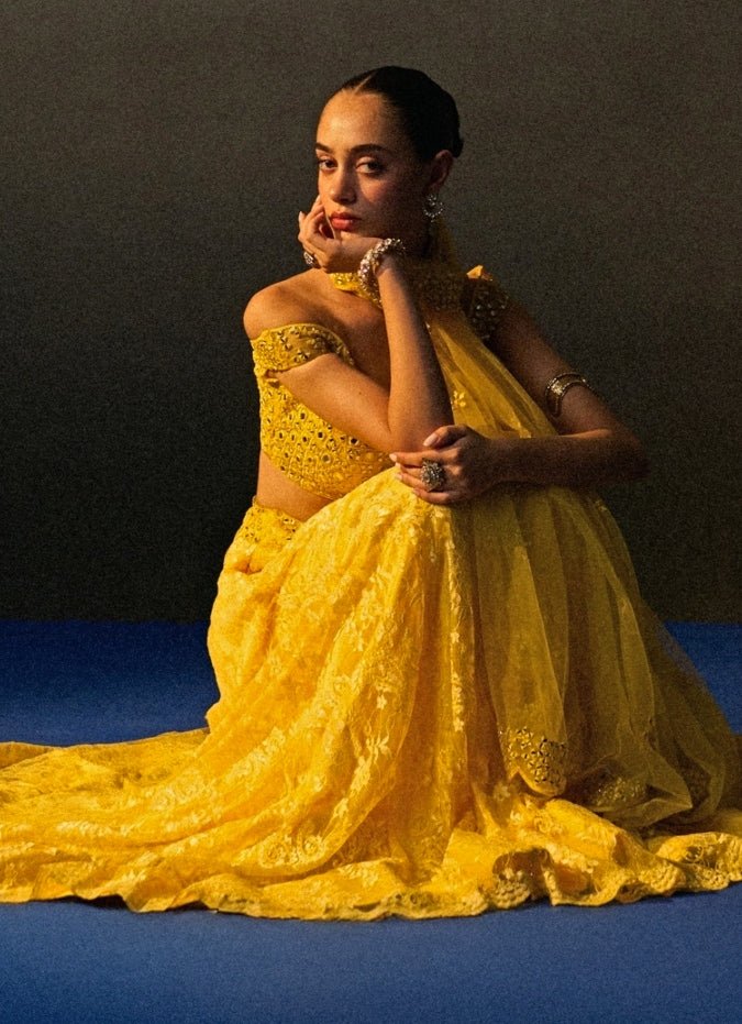 Yellow Floral Lace Lehenga Set Angad Singh - Fabilicious Fashion