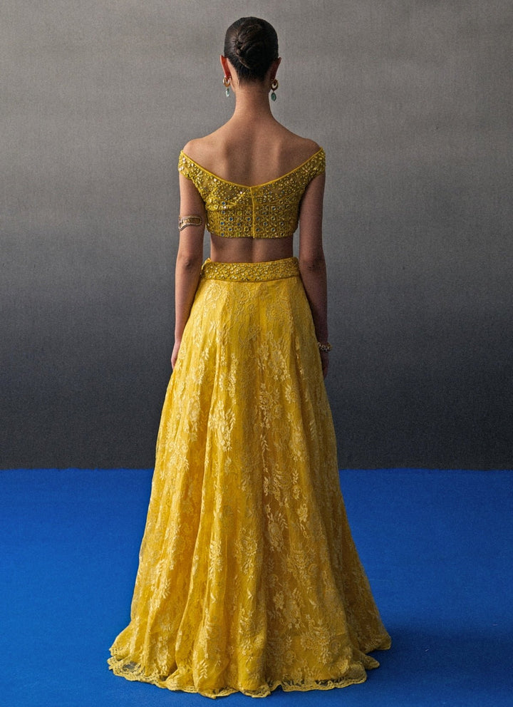 Yellow Floral Lace Lehenga Set Angad Singh - Fabilicious Fashion