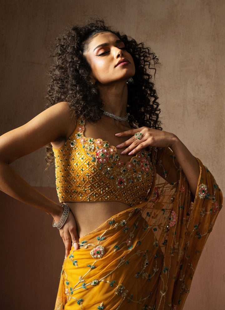 Yellow Floral Motifs Pre Draped Georgette Saree Quench A Thirst - Fabilicious Fashion