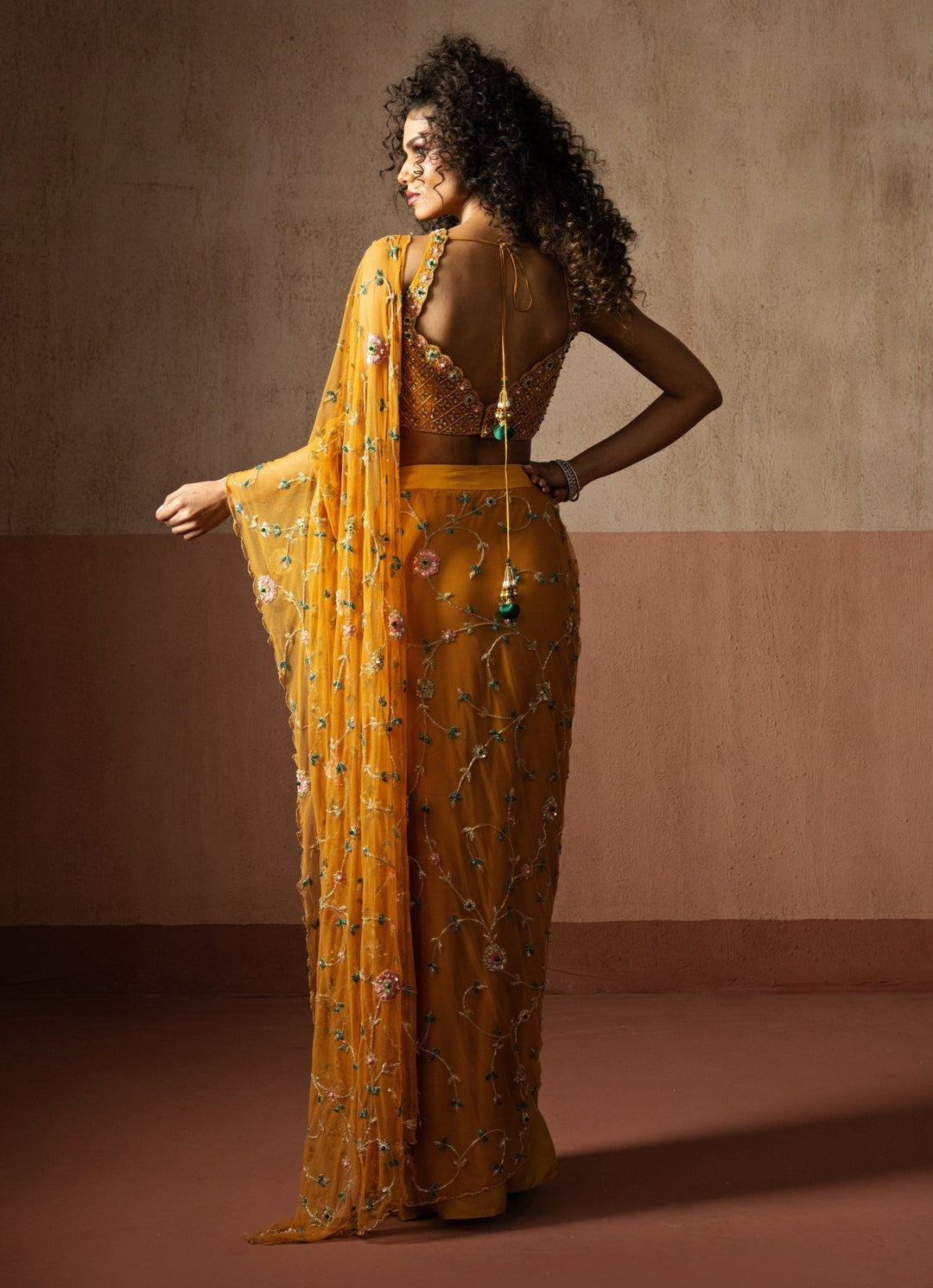 Yellow Floral Motifs Pre Draped Georgette Saree Quench A Thirst - Fabilicious Fashion
