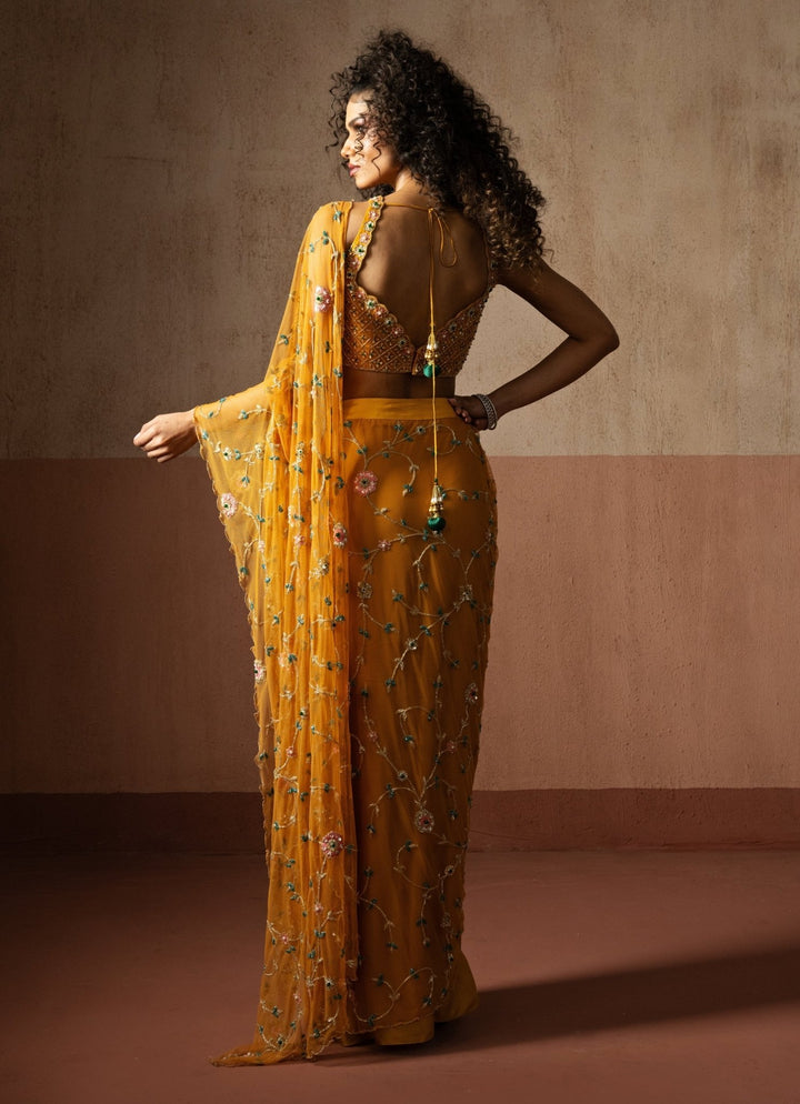 Yellow Floral Motifs Pre Draped Georgette Saree Quench A Thirst - Fabilicious Fashion