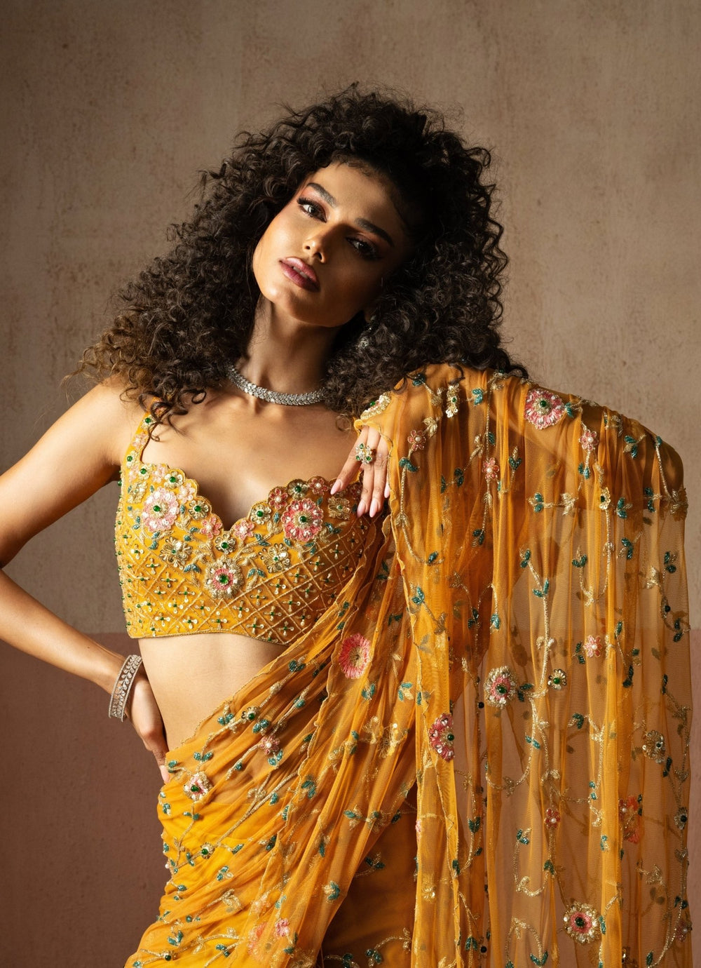 Yellow Floral Motifs Pre Draped Georgette Saree Quench A Thirst - Fabilicious Fashion