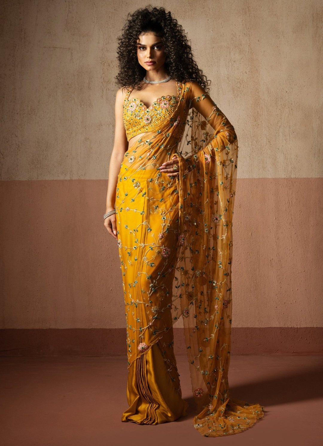 Yellow Floral Motifs Pre Draped Georgette Saree Quench A Thirst - Fabilicious Fashion