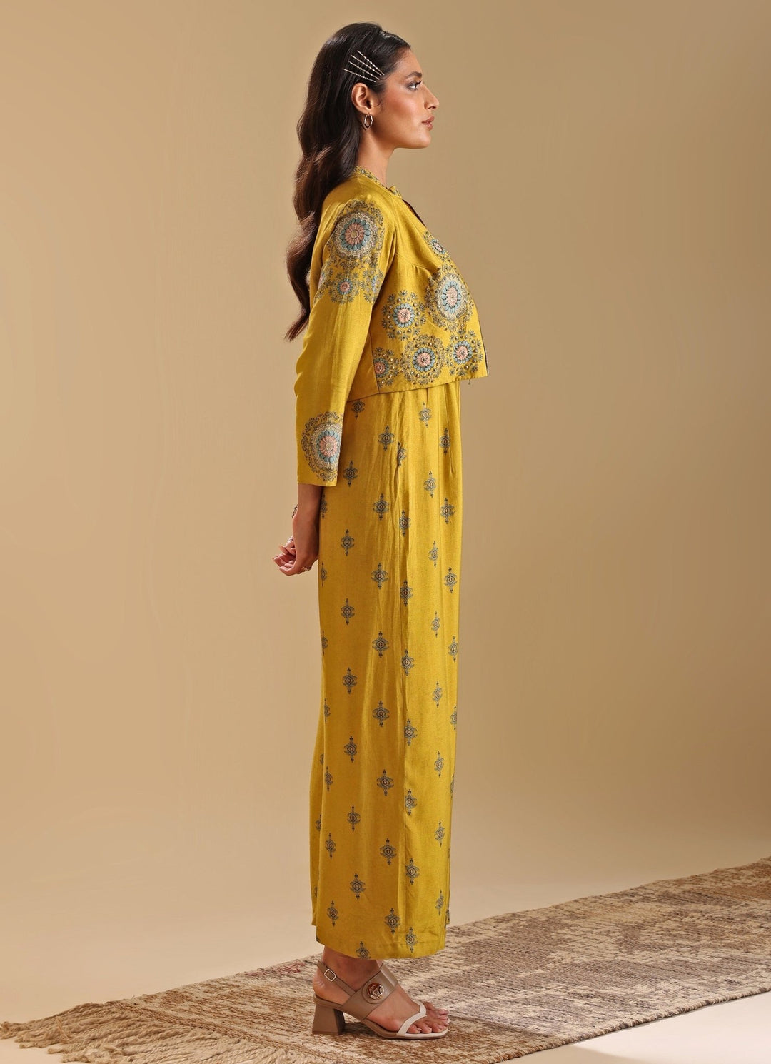 Yellow Floral Print Jumpsuit With Collar Jacket Soup By Sougat Paul - Fabilicious Fashion