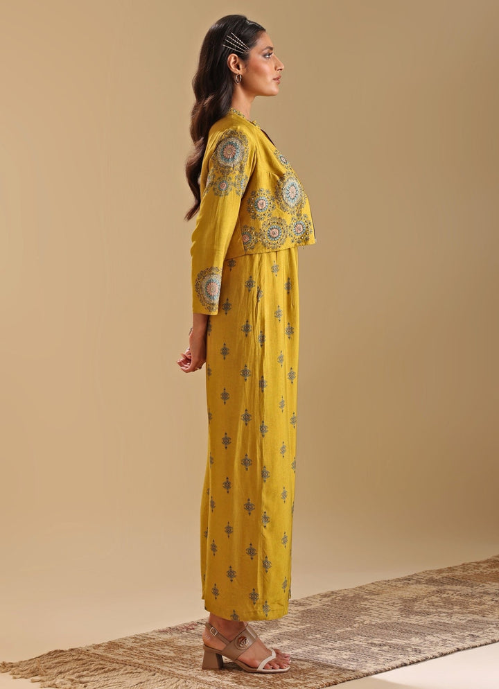 Yellow Floral Print Jumpsuit With Collar Jacket Soup By Sougat Paul - Fabilicious Fashion
