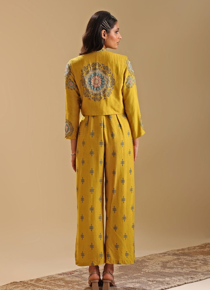 Yellow Floral Print Jumpsuit With Collar Jacket Soup By Sougat Paul - Fabilicious Fashion