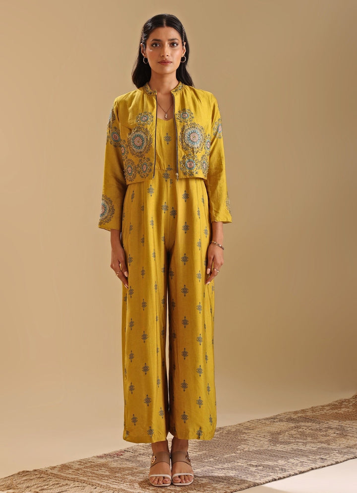 Yellow Floral Print Jumpsuit With Collar Jacket Soup By Sougat Paul - Fabilicious Fashion
