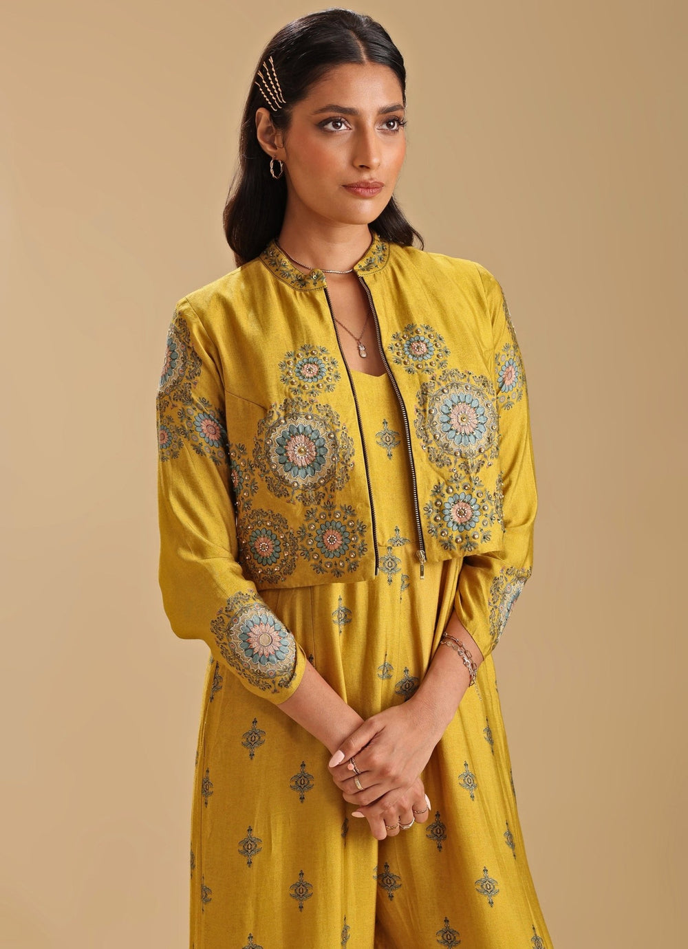 Yellow Floral Print Jumpsuit With Collar Jacket Soup By Sougat Paul - Fabilicious Fashion