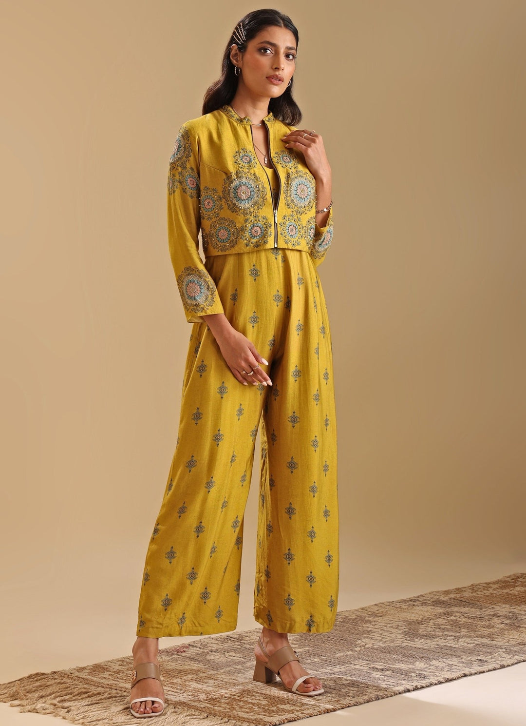 Yellow Floral Print Jumpsuit With Collar Jacket Soup By Sougat Paul - Fabilicious Fashion