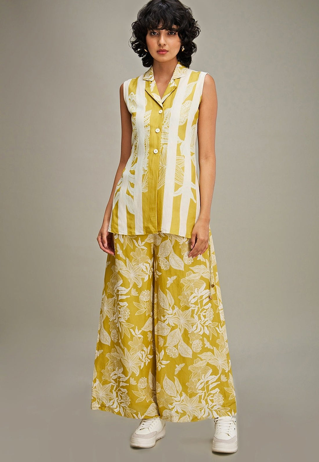 Yellow Floral Printed Linen Top And Flared Pant Set Soup By Sougat Paul - Fabilicious Fashion