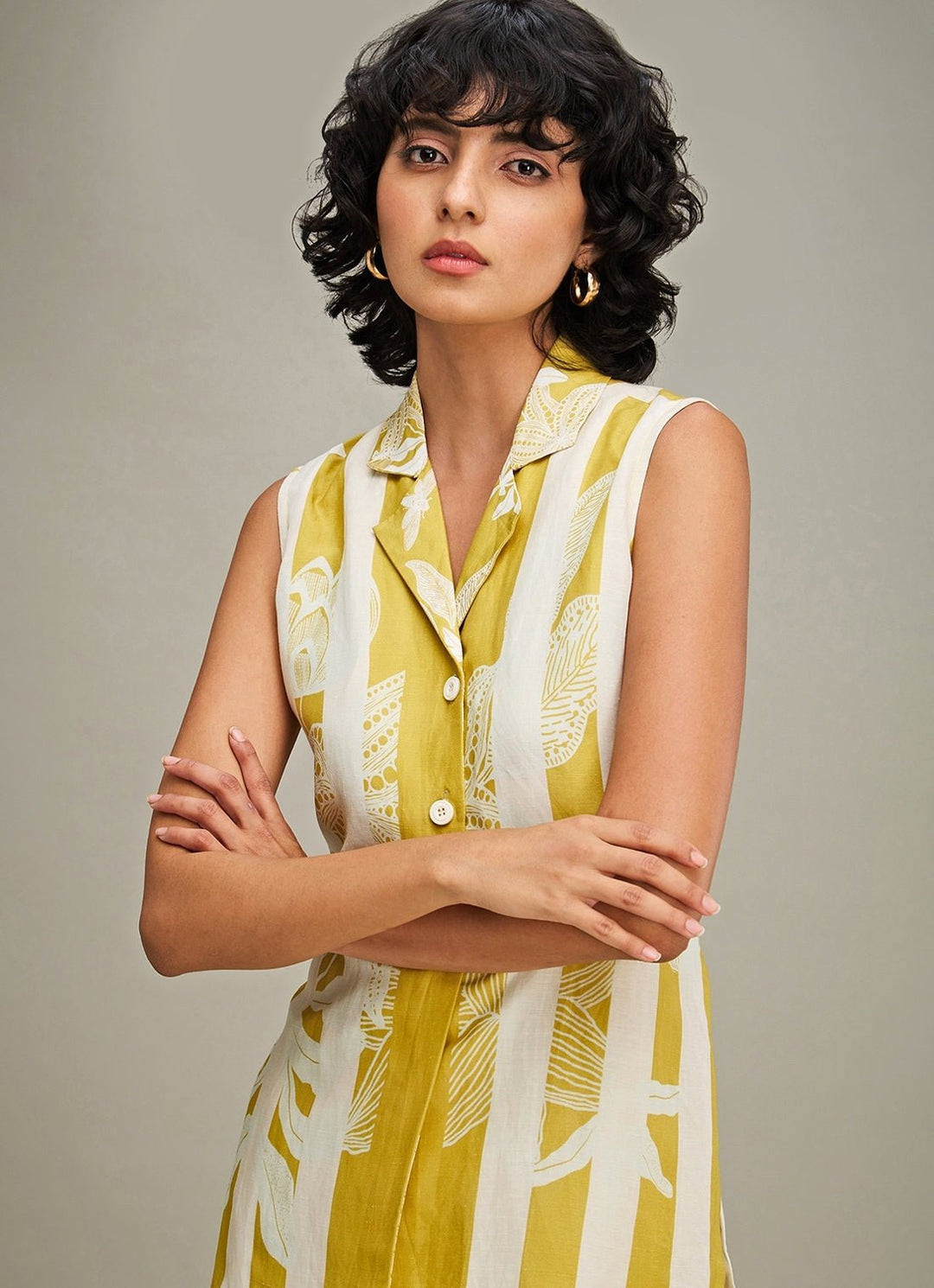 Yellow Floral Printed Linen Top And Flared Pant Set Soup By Sougat Paul - Fabilicious Fashion