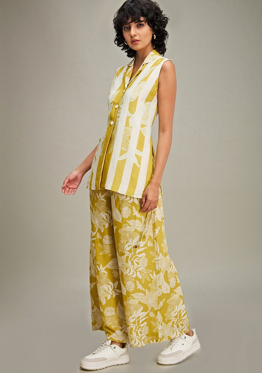 Yellow Floral Printed Linen Top And Flared Pant Set Soup By Sougat Paul - Fabilicious Fashion
