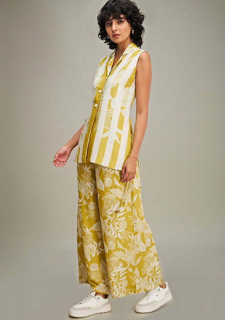 Yellow Floral Printed Linen Top And Flared Pant Set Soup By Sougat Paul - Fabilicious Fashion