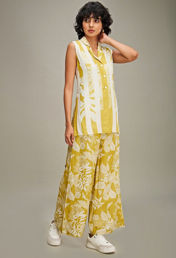 Yellow Floral Printed Linen Top And Flared Pant Set Soup By Sougat Paul - Fabilicious Fashion