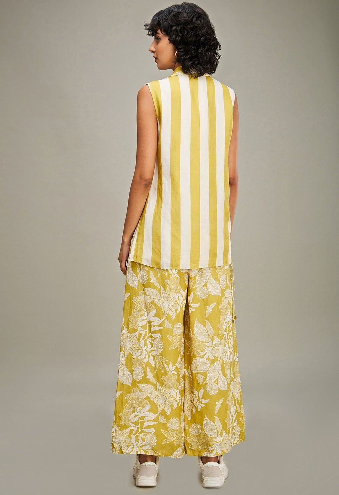 Yellow Floral Printed Linen Top And Flared Pant Set Soup By Sougat Paul - Fabilicious Fashion