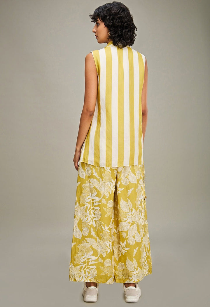 Yellow Floral Printed Linen Top And Flared Pant Set Soup By Sougat Paul - Fabilicious Fashion