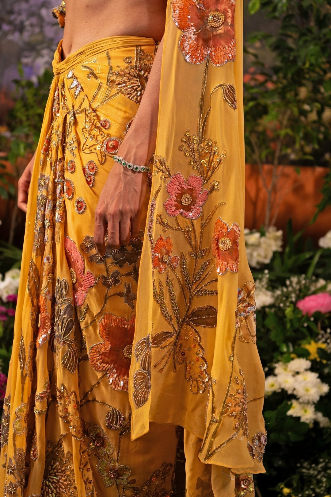Yellow Floral Printed Pre Draped Georgette Saree Moledro - Fabilicious Fashion