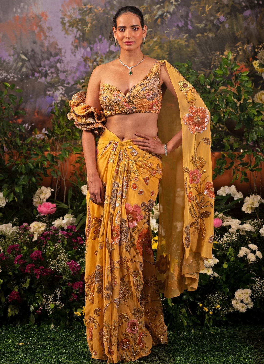 Yellow Floral Printed Pre Draped Georgette Saree Moledro - Fabilicious Fashion