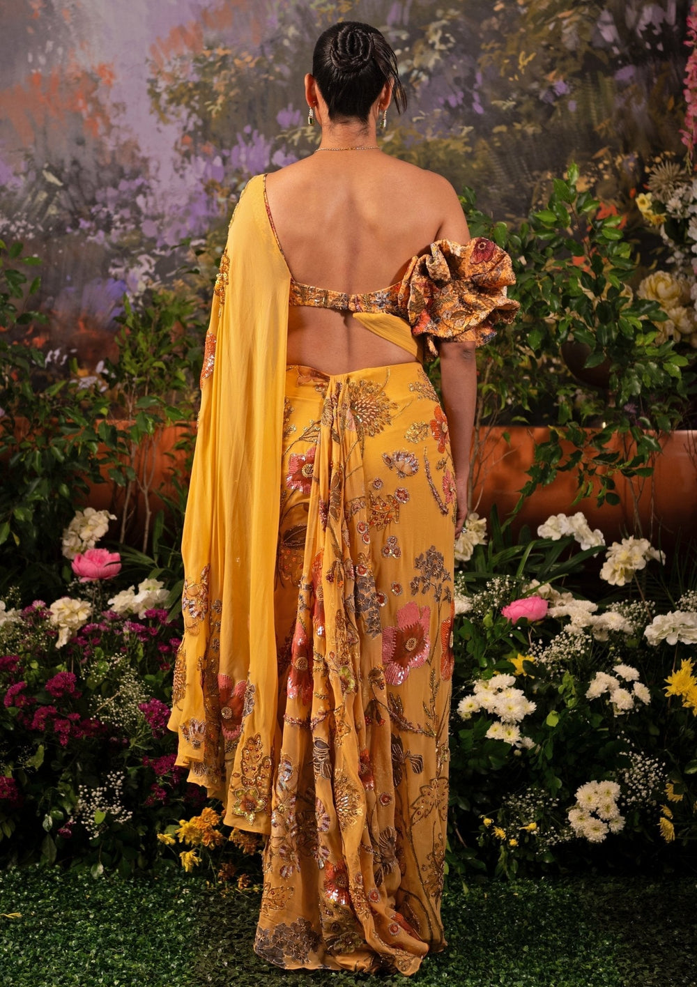 Yellow Floral Printed Pre Draped Georgette Saree Moledro - Fabilicious Fashion