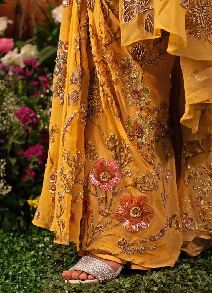 Yellow Floral Printed Pre Draped Georgette Saree Moledro - Fabilicious Fashion