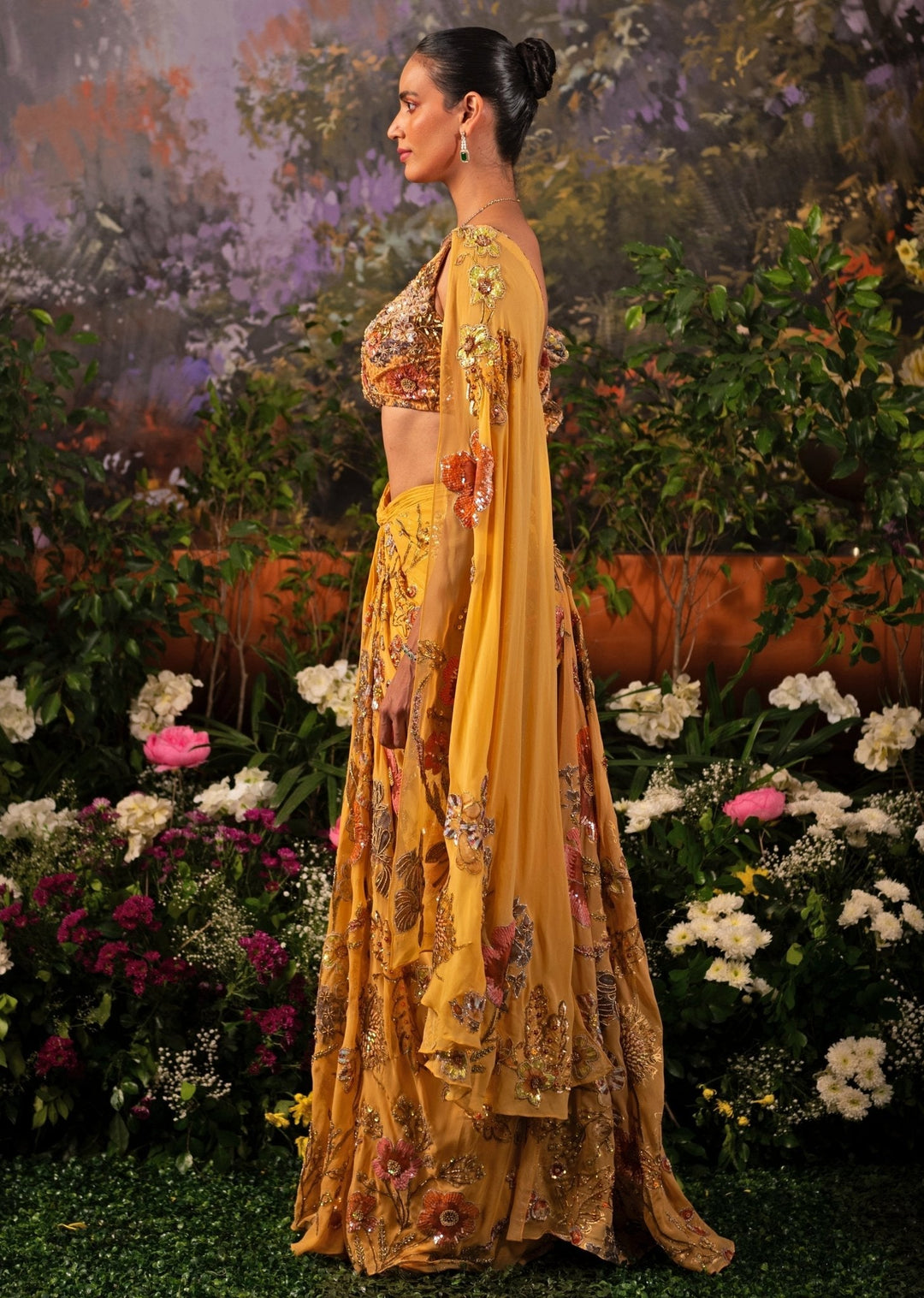 Yellow Floral Printed Pre Draped Georgette Saree Moledro - Fabilicious Fashion