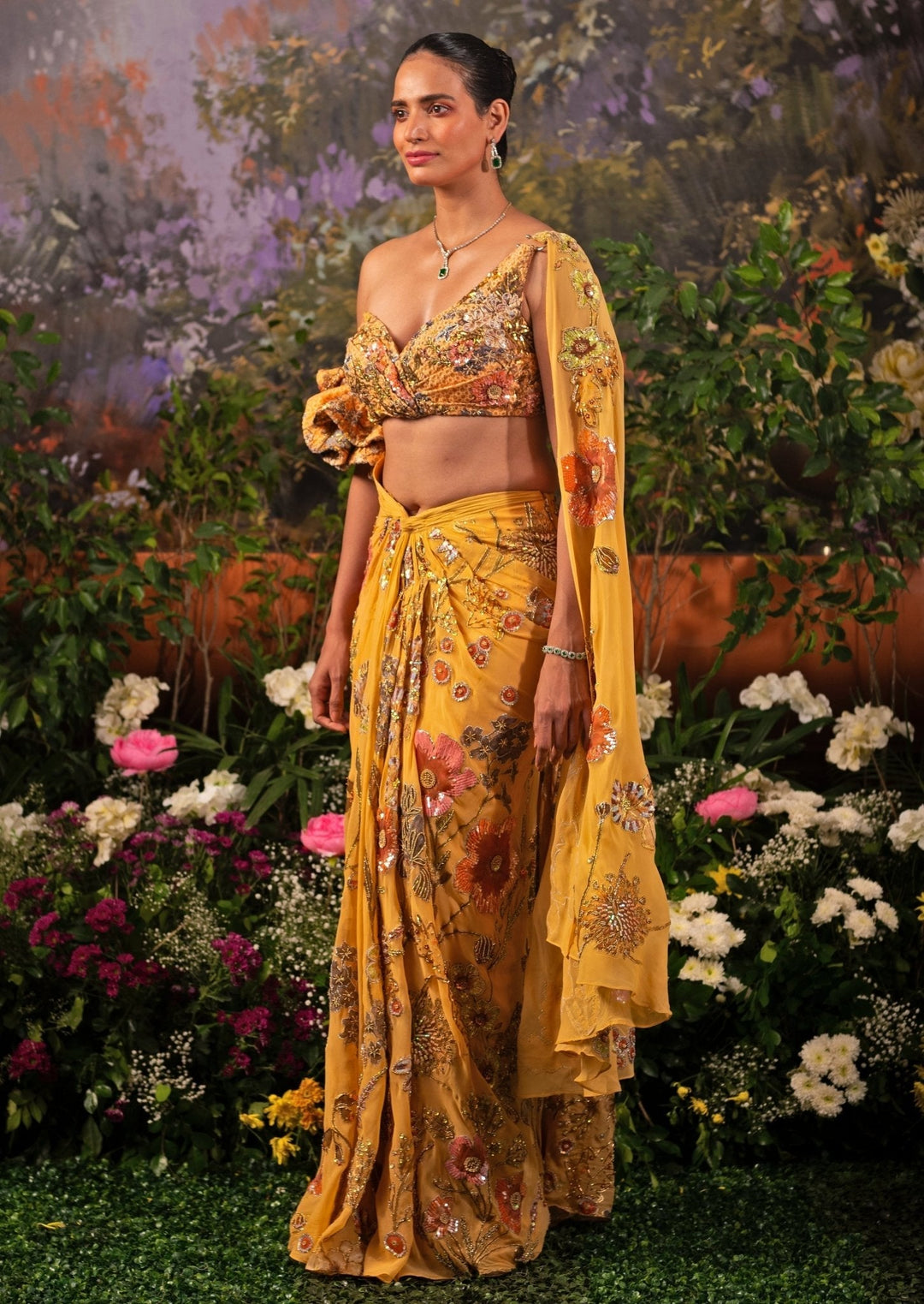 Yellow Floral Printed Pre Draped Georgette Saree Moledro - Fabilicious Fashion