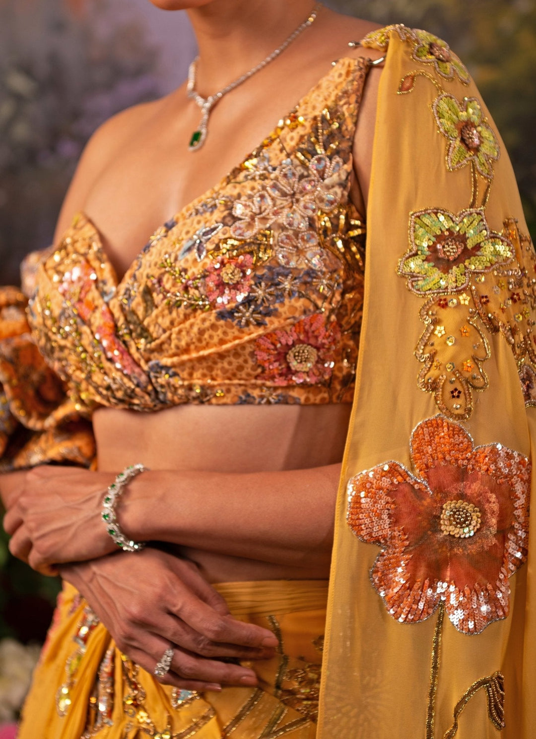 Yellow Floral Printed Pre Draped Georgette Saree Moledro - Fabilicious Fashion