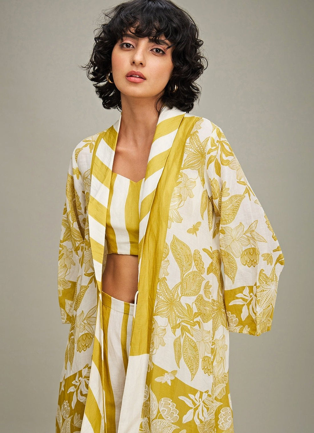 Yellow Floral Printed Striped Linen Pant Set With Jacket Soup By Sougat Paul - Fabilicious Fashion