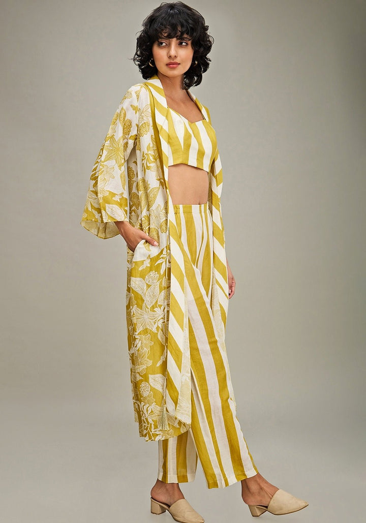 Yellow Floral Printed Striped Linen Pant Set With Jacket Soup By Sougat Paul - Fabilicious Fashion