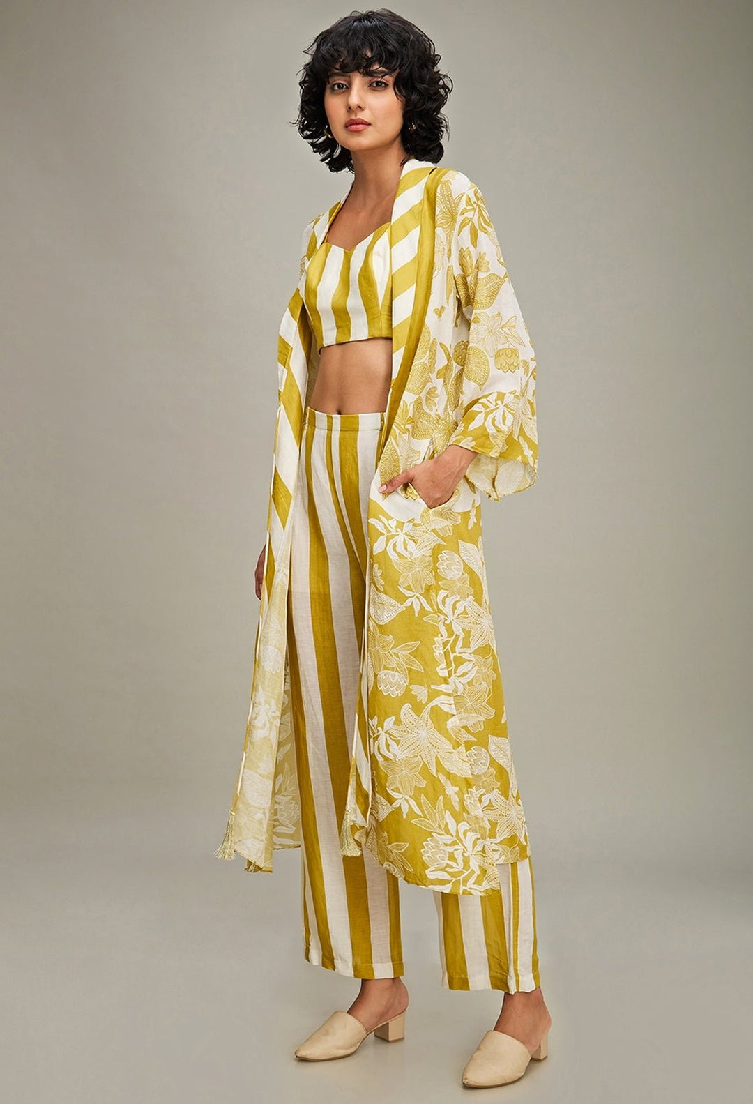 Yellow Floral Printed Striped Linen Pant Set With Jacket Soup By Sougat Paul - Fabilicious Fashion