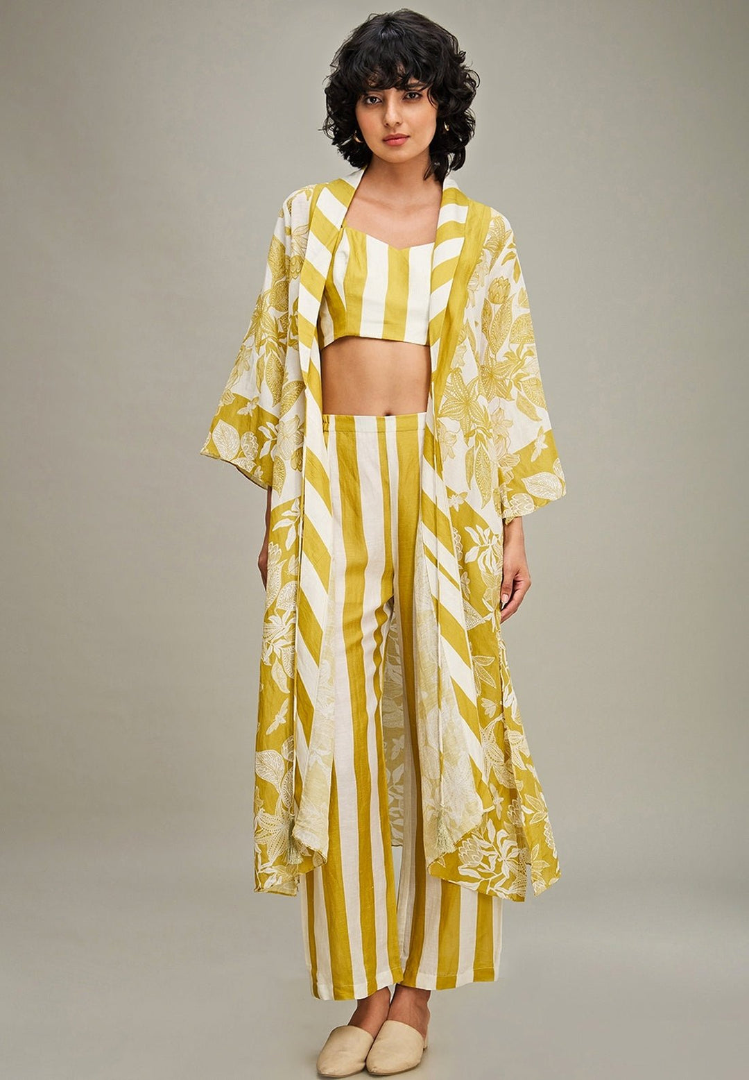 Yellow Floral Printed Striped Linen Pant Set With Jacket Soup By Sougat Paul - Fabilicious Fashion