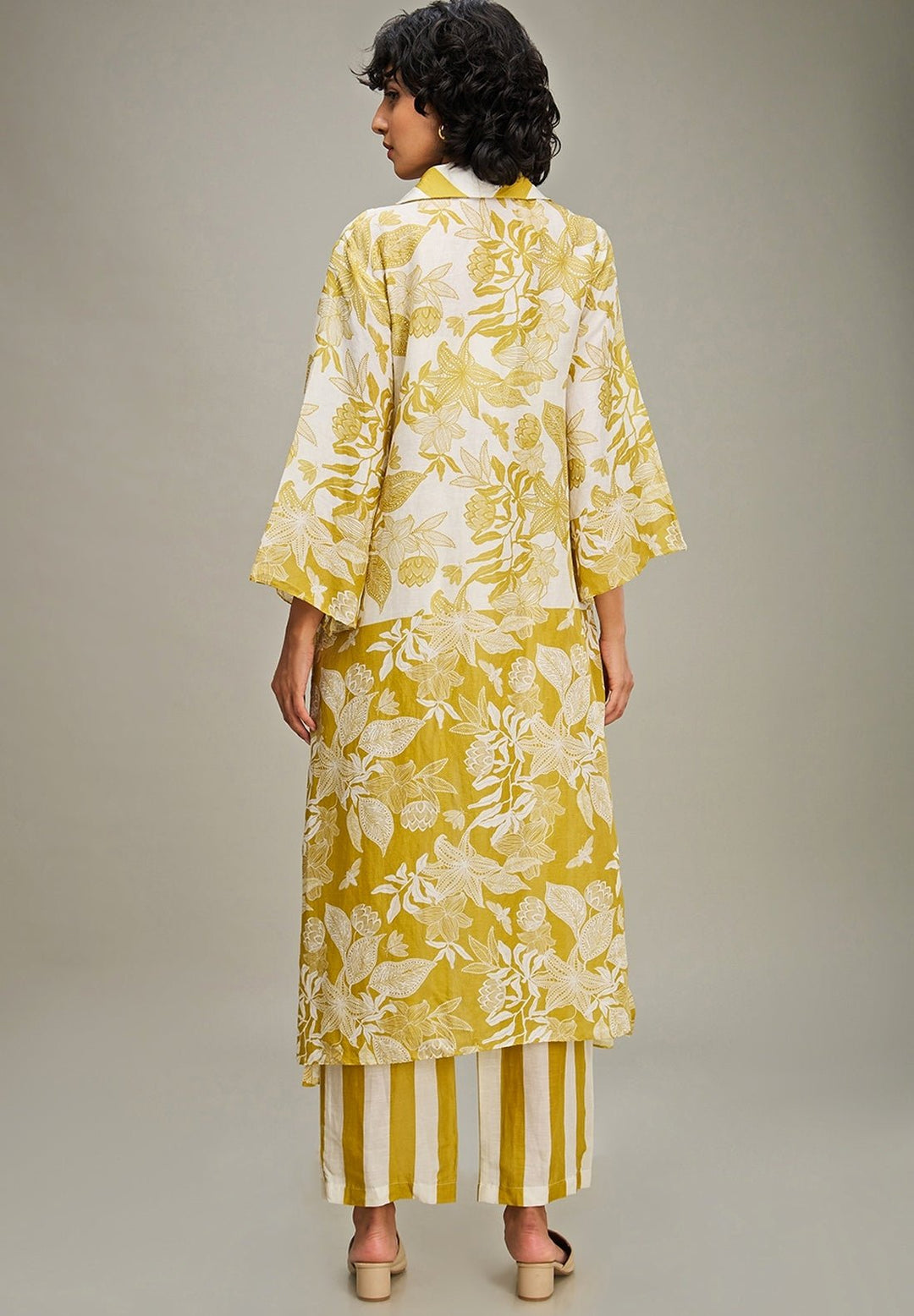 Yellow Floral Printed Striped Linen Pant Set With Jacket Soup By Sougat Paul - Fabilicious Fashion