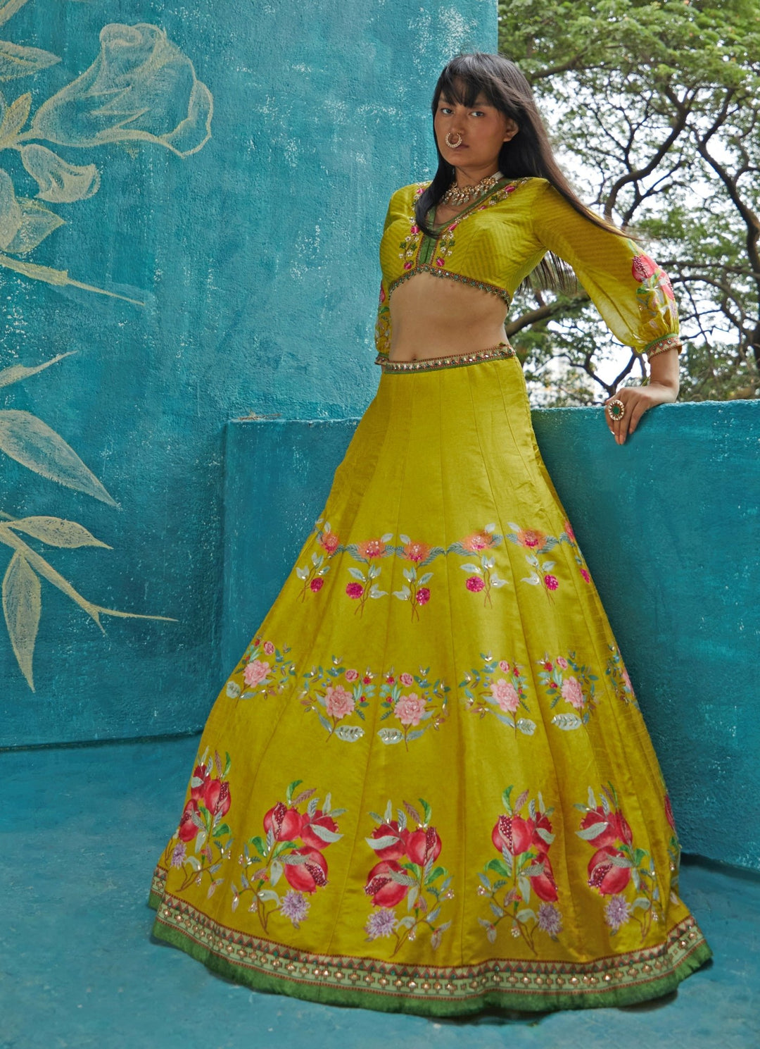 Yellow Floral Printed Tussar Lehenga Set Basil Leaf - Fabilicious Fashion