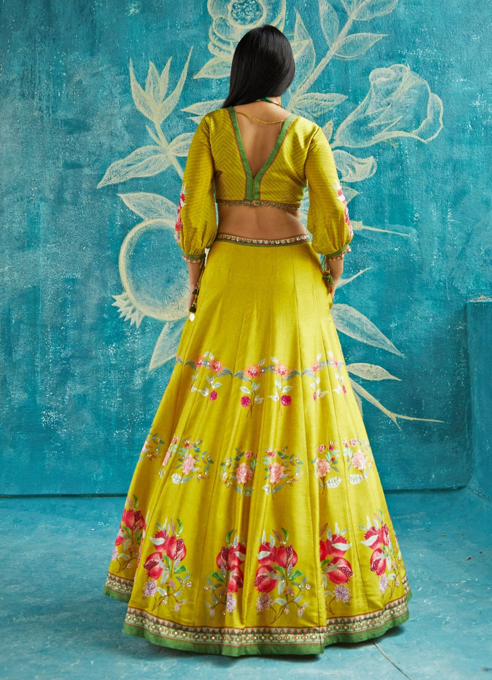 Yellow Floral Printed Tussar Lehenga Set Basil Leaf - Fabilicious Fashion