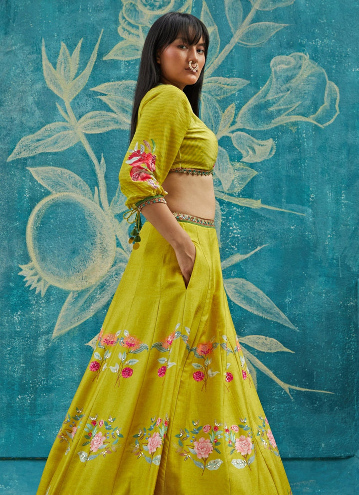 Yellow Floral Printed Tussar Lehenga Set Basil Leaf - Fabilicious Fashion